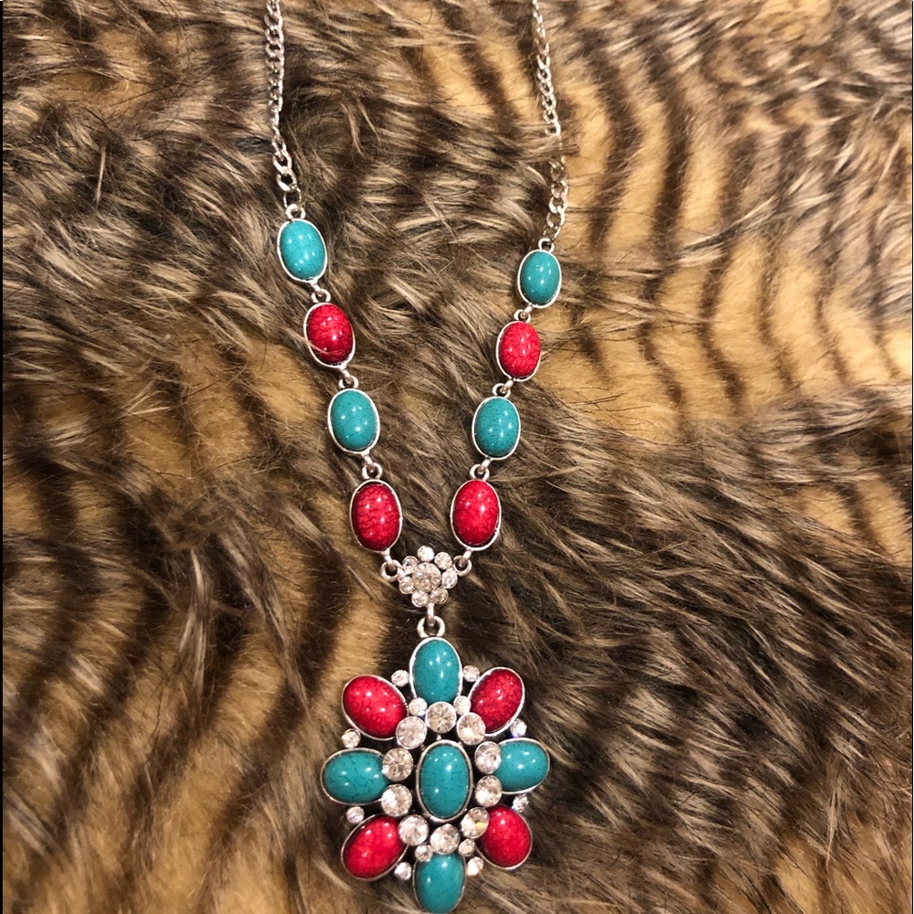 Turquoise & Red w/ Rhinestone Necklace/Earring Set